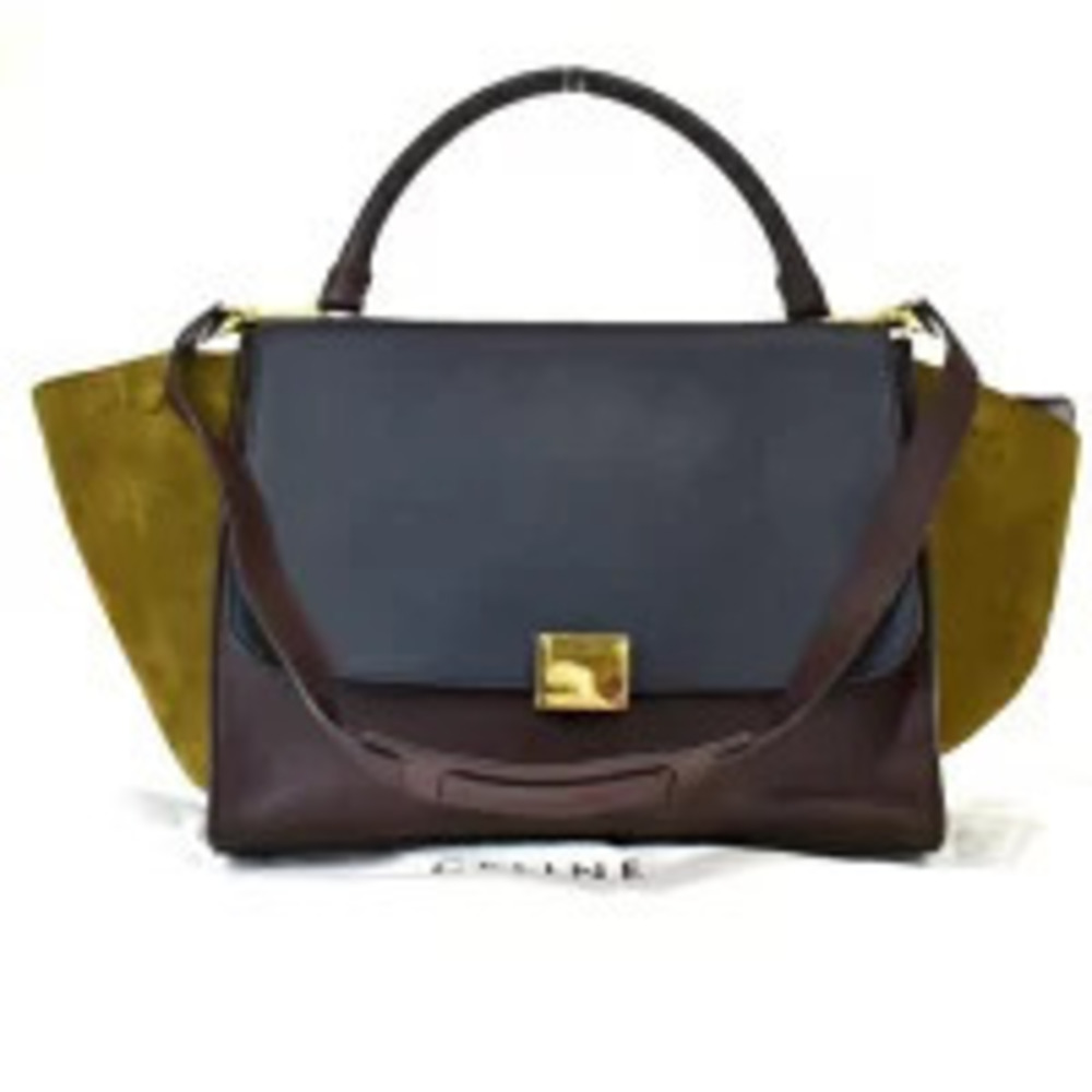 Celine Trapeze Handbag Shoulder Bag Navy Blue Brown Green Leather Canvas